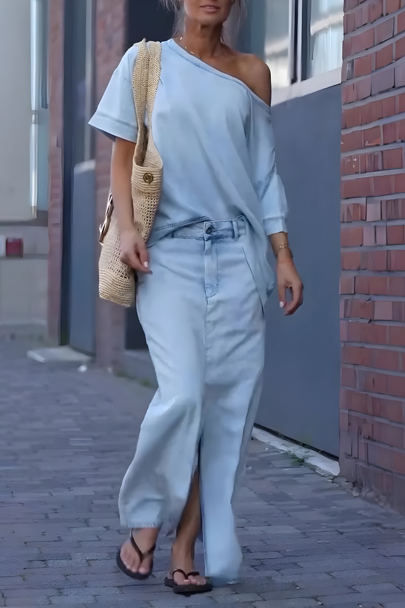 Milou™ | Dames Diagonale Schoudertop met Gesplitste Lange Rok