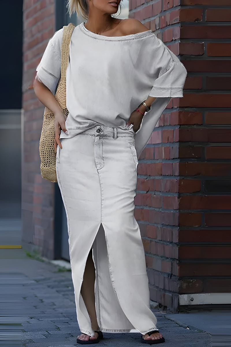 Milou™ | Dames Diagonale Schoudertop met Gesplitste Lange Rok