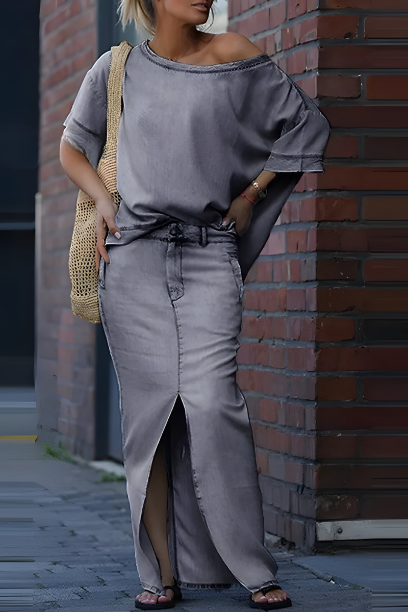 Milou™ | Dames Diagonale Schoudertop met Gesplitste Lange Rok