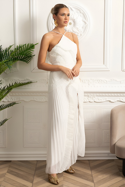 Valerie™ | Geplooide Halter Midi-jurk met Watervalvolants