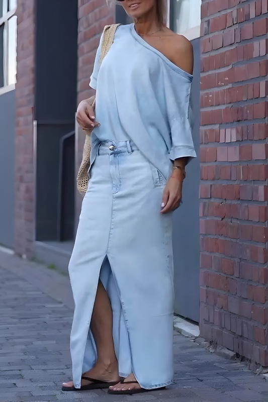 Milou™ | Dames Diagonale Schoudertop met Gesplitste Lange Rok