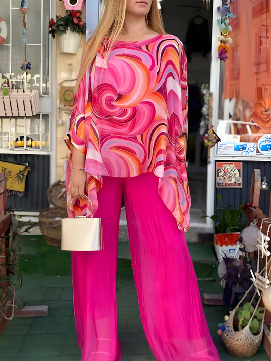 Nicole™ | Kleurrijke Chiffonset Met Ronde Hals En Print, Casual Stijl