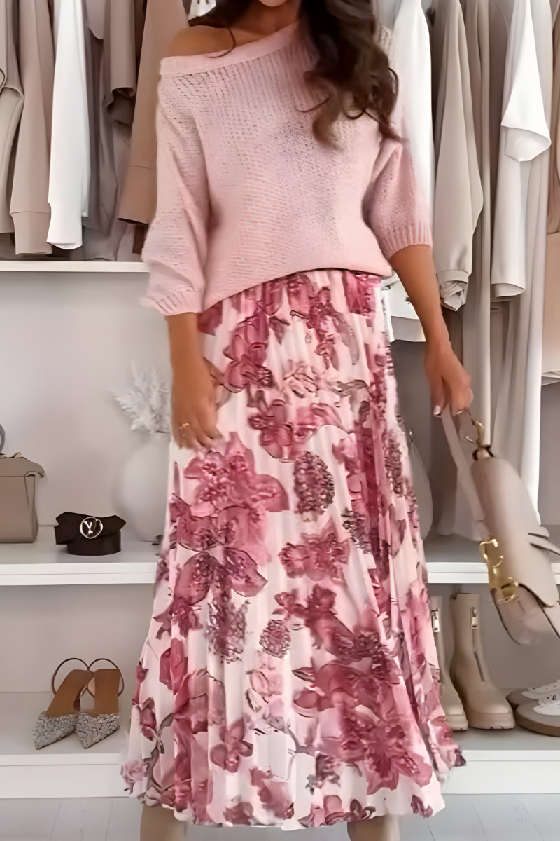 Nina™ | Comfortabele Bloemenjurk & Gebreide Trui