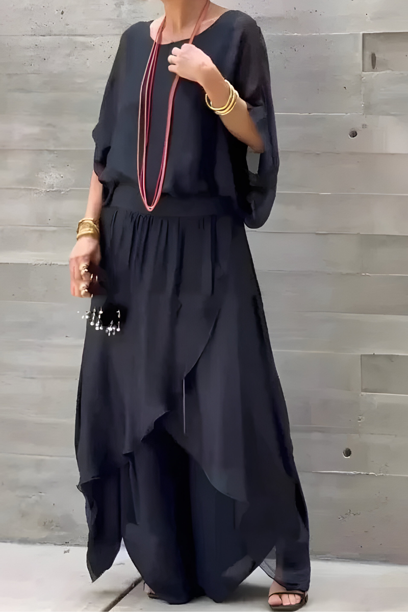 Carlotte™ | Losvallende top & wijde broek met split – chiffon tweedelige set