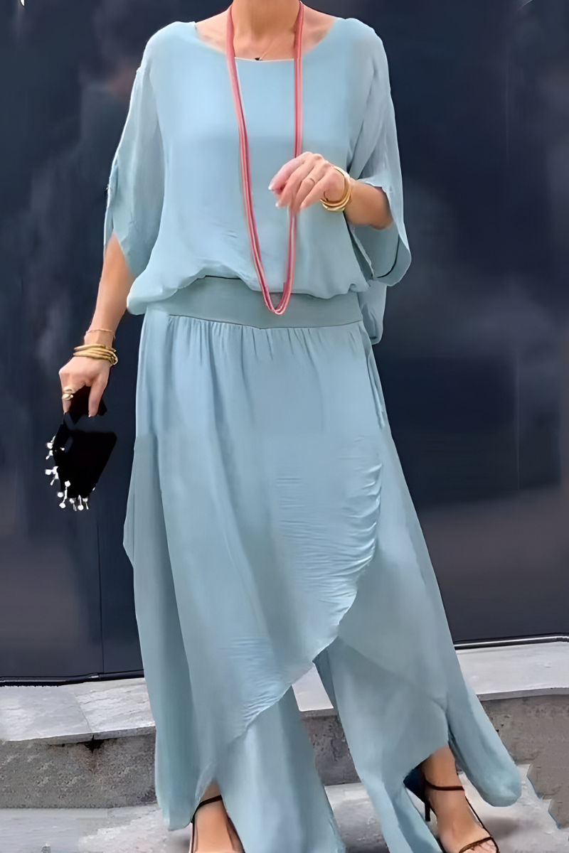 Carlotte™ | Losvallende top & wijde broek met split – chiffon tweedelige set