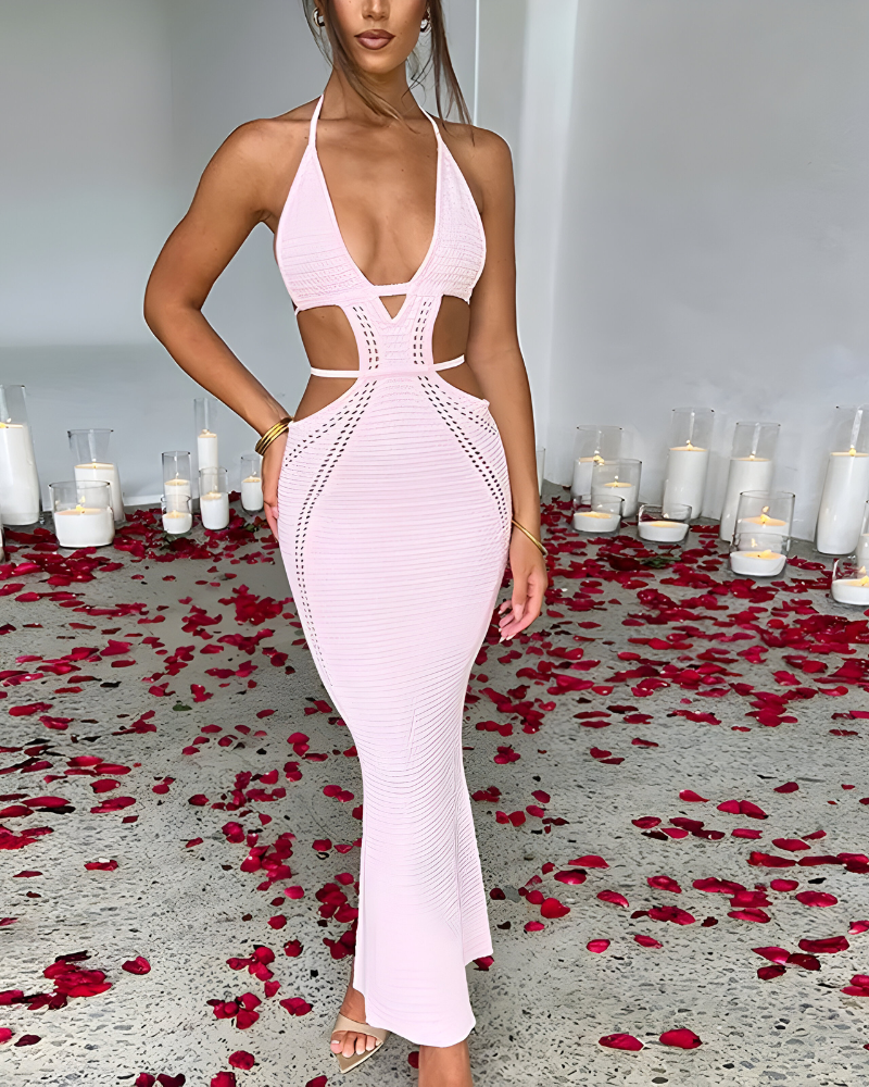 Yara™ | Gehaakte maxi jurk met open details en halternek