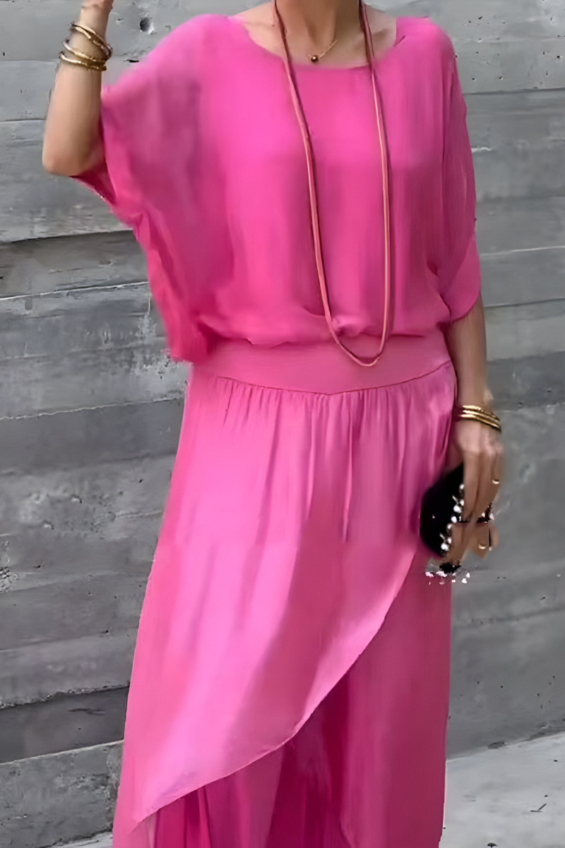 Carlotte™ | Losvallende top & wijde broek met split – chiffon tweedelige set