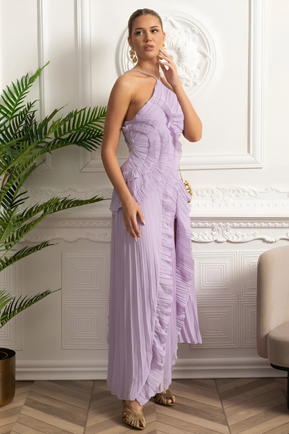 Valerie™ | Geplooide Halter Midi-jurk met Watervalvolants