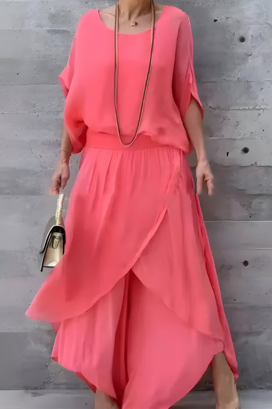 Carlotte™ | Losvallende top & wijde broek met split – chiffon tweedelige set